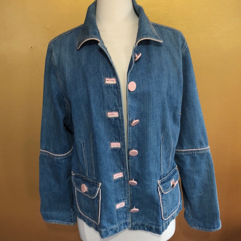 Venezia Blue Denim jacket with pink trim, buttons & pockets 100%Cotton Size14/16 - Picture 13 of 16